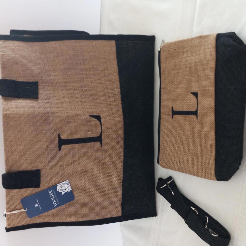 YOOLIFE Monogrammed "L" Stylish Jute Tote Bag Set with Pouch and Strap